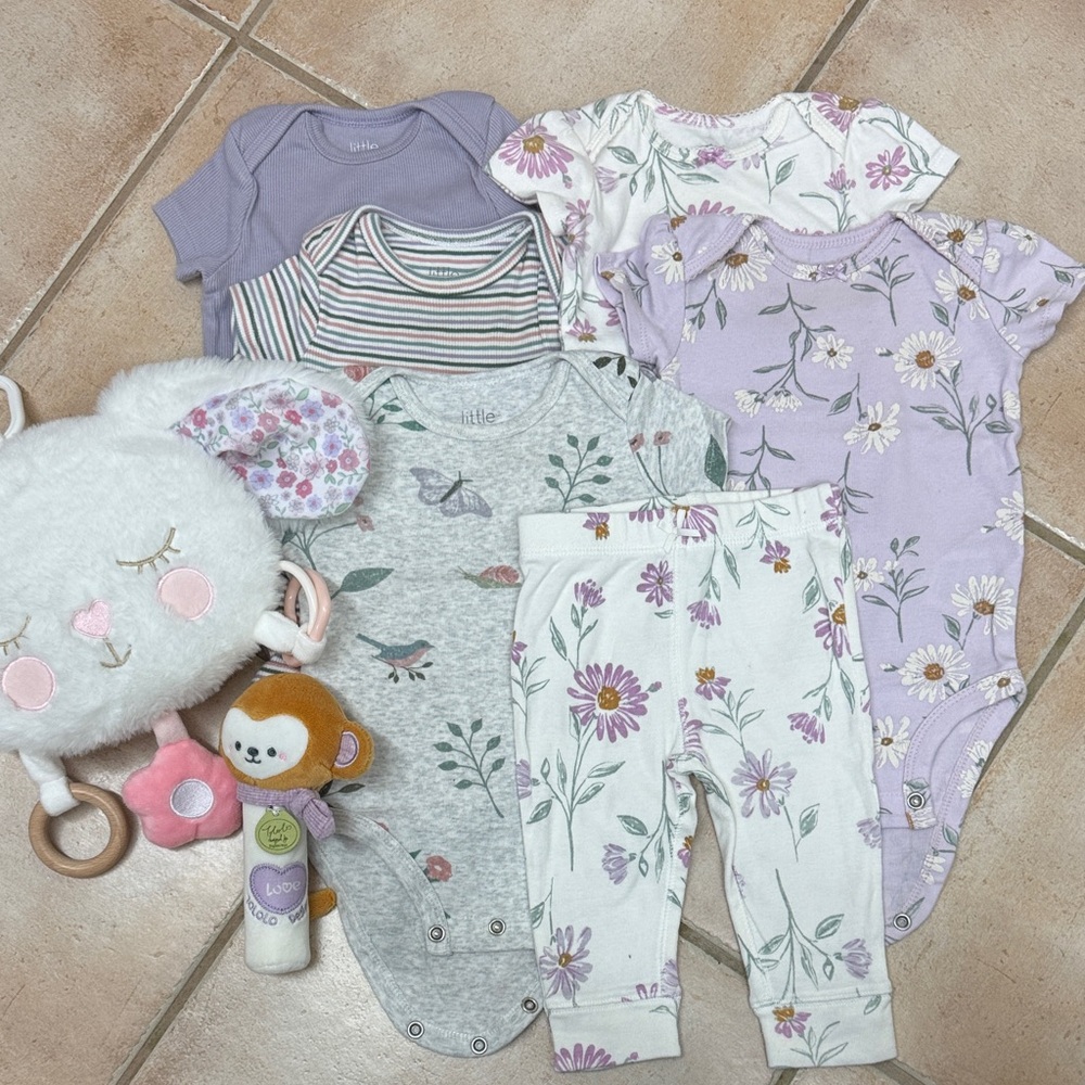 Floral and Striped Baby Onesies and Pant Set